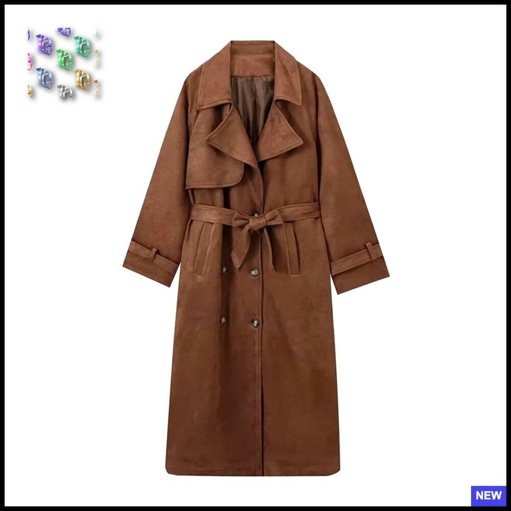 Faux Suede Trench Coat Double Breasted Slim Fit Ankle Length Pea Coat